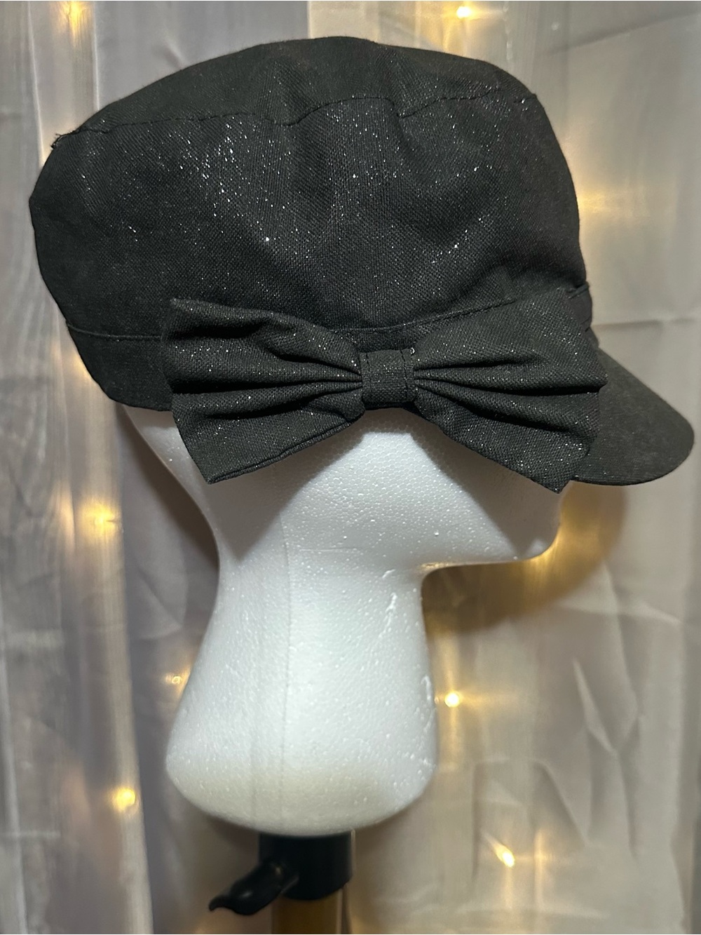 Black and silver sparkle glitter newsboy hat with large bow one size